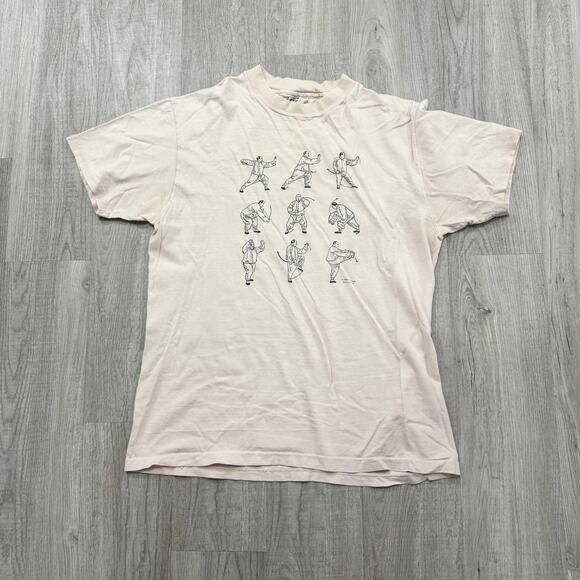 Vintage Shaolin Kung Fu Tai Chi Masters Moves Shirt Men's Large 80s Cream 1982 - Picture 1 of 9